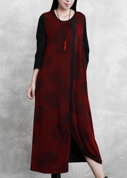 French Burgundy Jacquard Quilting Clothes O Neck Patchwork Robe Dresses