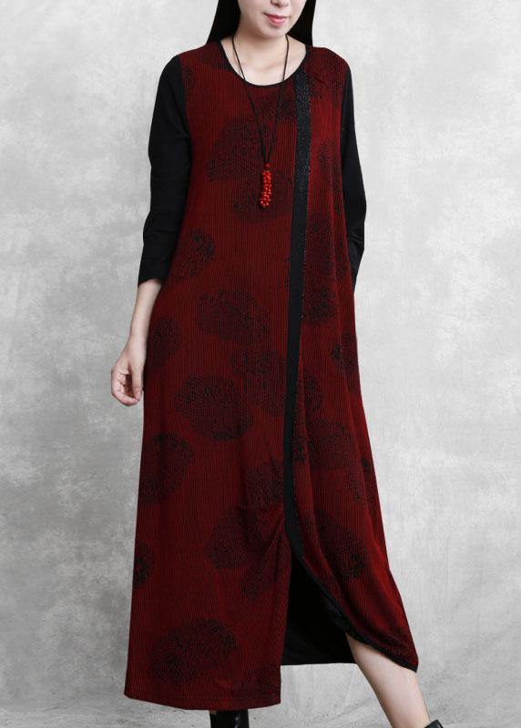 French Burgundy Jacquard Quilting Clothes O Neck Patchwork Robe Dresses
