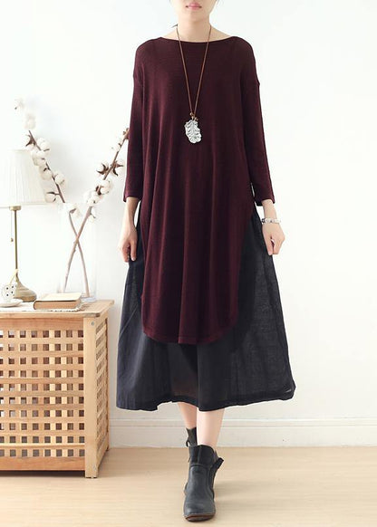 French Burgundy Long Shirts O Neck Side Open Art Dress