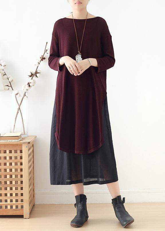 French Burgundy Long Shirts O Neck Side Open Art Dress