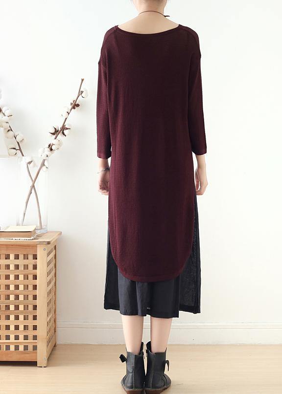 French Burgundy Long Shirts O Neck Side Open Art Dress