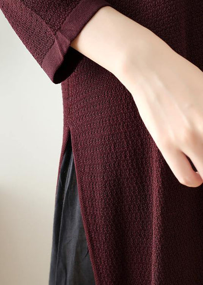 French Burgundy Long Shirts O Neck Side Open Art Dress