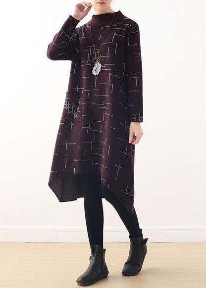 French Burgundy Plaid Clothes for High Neck Kaftan Fall Dress
