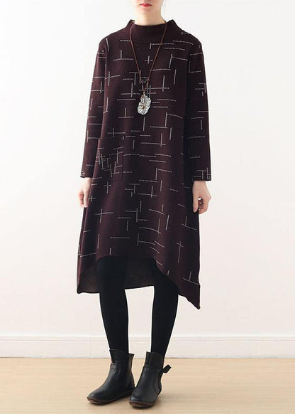 French Burgundy Plaid Clothes for High Neck Kaftan Fall Dress