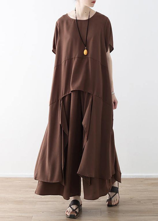 French Chocolate Catwalk Asymmetric Tops and Wide Leg Pants Loose Summer
