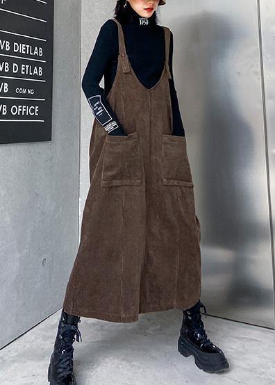French Chocolate Big Pockets Cotton Clothes for Sleeveless Maxi Spring Dress