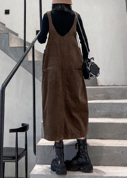 French Chocolate Big Pockets Cotton Clothes for Sleeveless Maxi Spring Dress