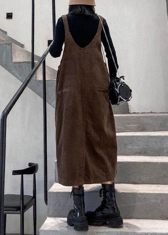 French Chocolate Big Pockets Cotton Clothes for Sleeveless Maxi Spring Dress