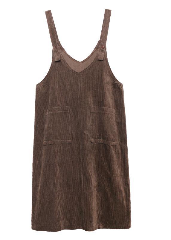 French Chocolate Big Pockets Cotton Clothes for Sleeveless Maxi Spring Dress