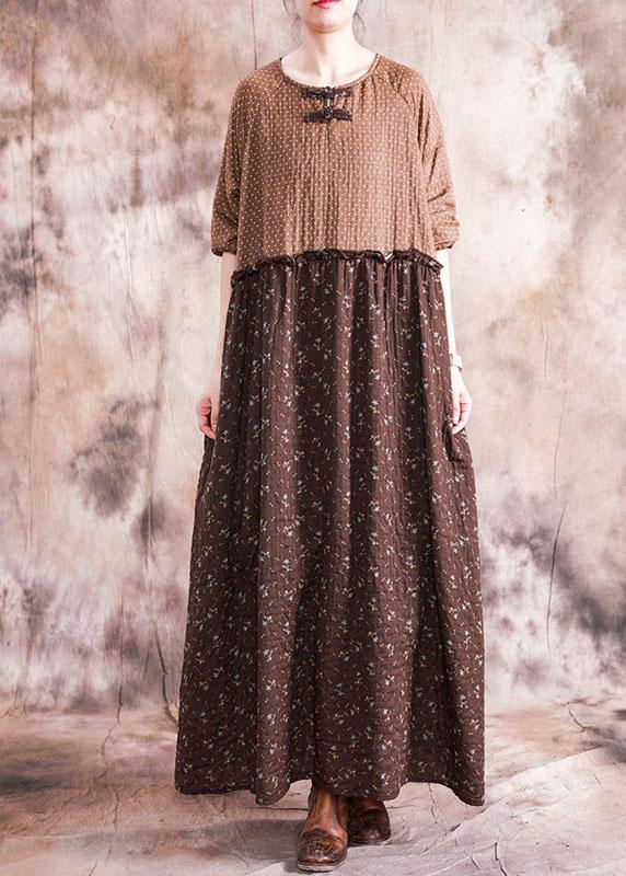 French Chocolate Print Linen Cotton Dresses O Neck Patchwork Long Fall Dresses