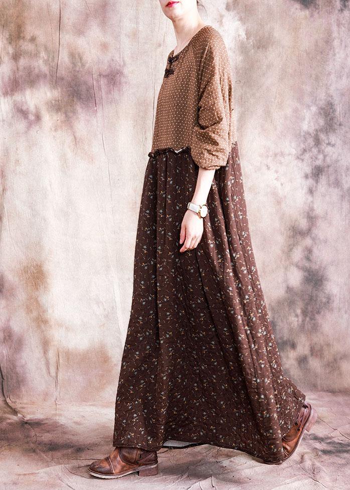 French Chocolate Print Linen Cotton Dresses O Neck Patchwork Long Fall Dresses