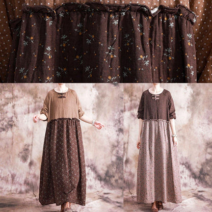 French Chocolate Print Linen Cotton Dresses O Neck Patchwork Long Fall Dresses