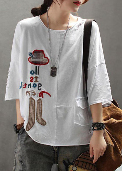 French Cotton Embroidery Letter Top Silhouette White Summer Drop Shoulder Sleeve T-shirt