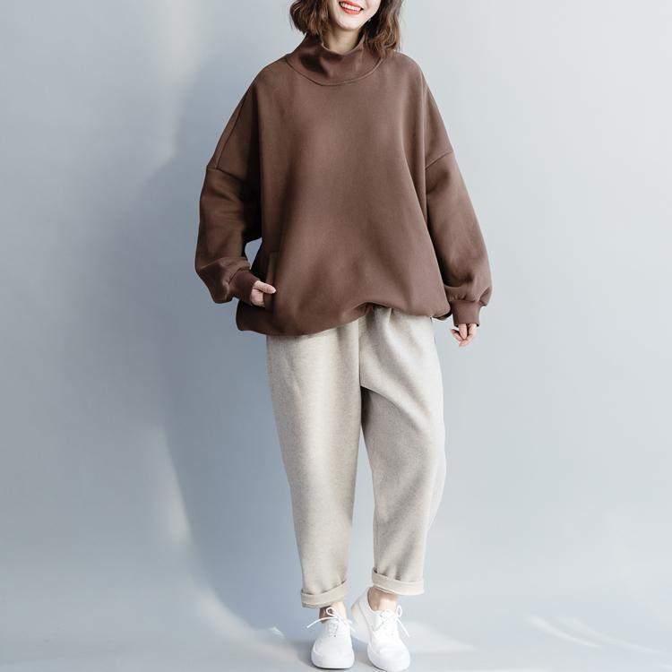 French Cotton Long Shirts Organic High Neck Baggy Sewing Brown Tunic