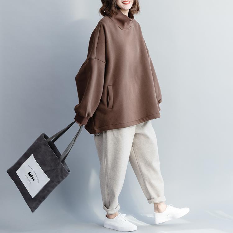 French Cotton Long Shirts Organic High Neck Baggy Sewing Brown Tunic
