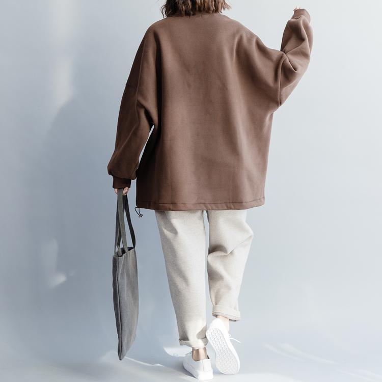French Cotton Long Shirts Organic High Neck Baggy Sewing Brown Tunic