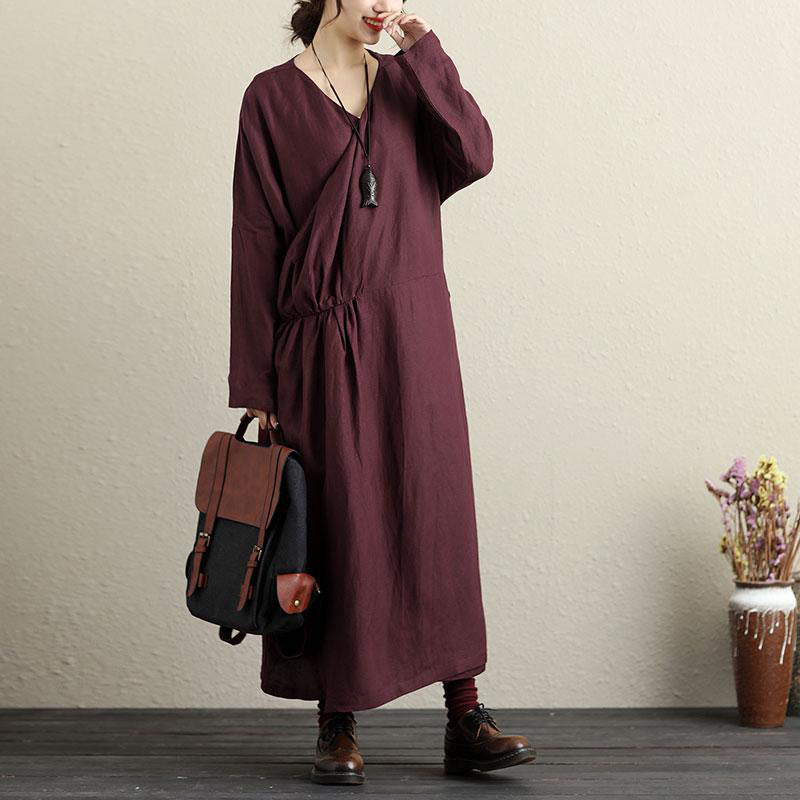 French Cotton Long Shirts Pakistani V Neck Long Sleeves Dark Red Dress