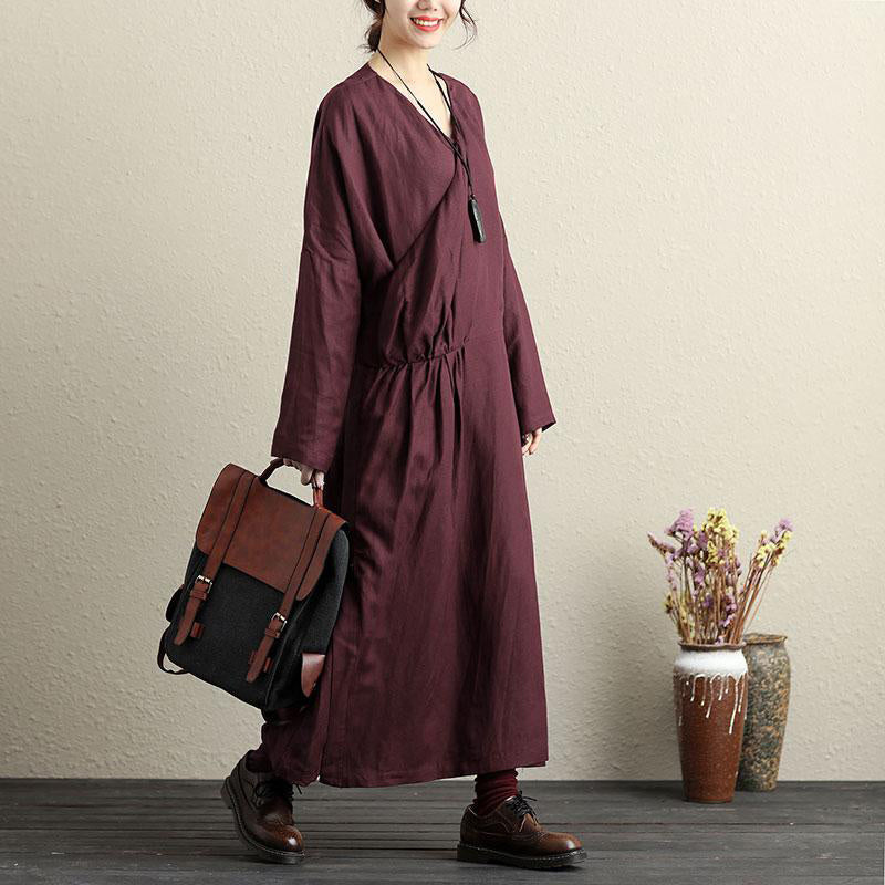 French Cotton Long Shirts Pakistani V Neck Long Sleeves Dark Red Dress