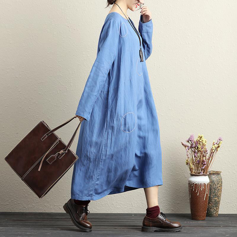 French Cotton Dresses Fitted Round Neck Long Sleeve Cotton Linen Blue Dress