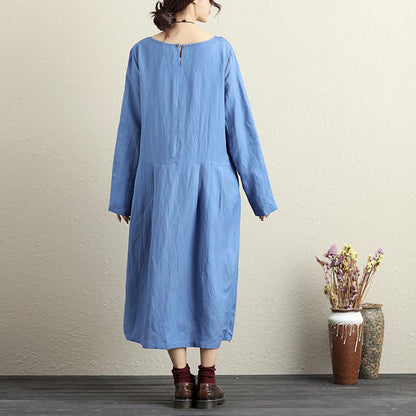 French Cotton Dresses Fitted Round Neck Long Sleeve Cotton Linen Blue Dress