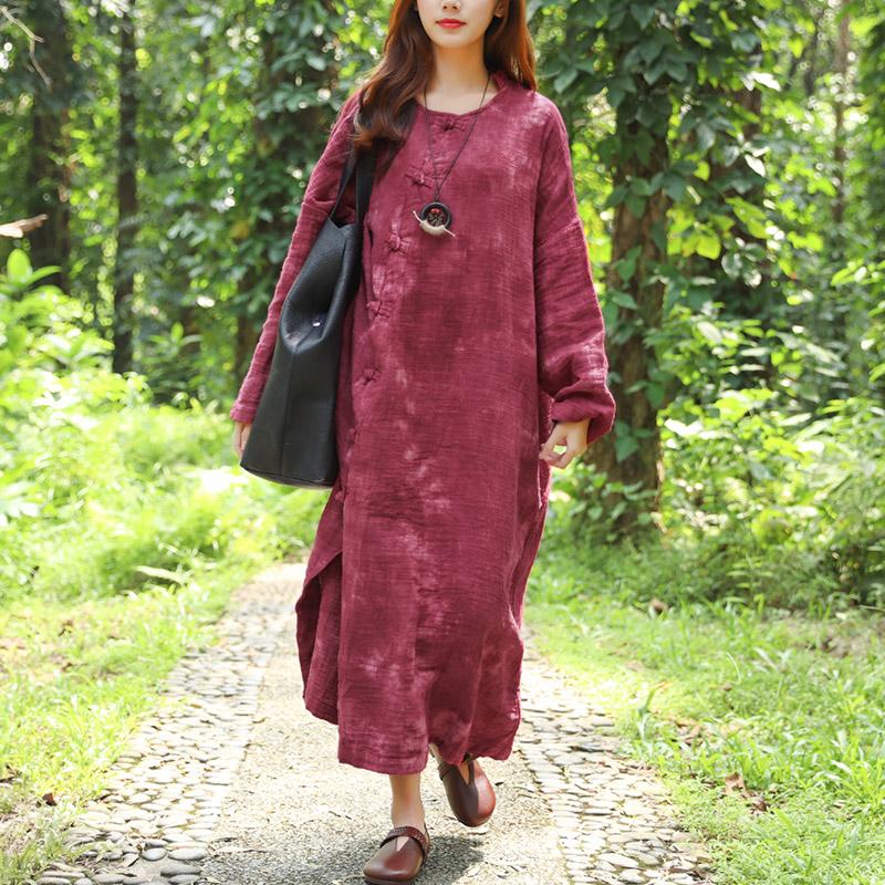 French Cotton Linen Quilting Clothes Fine Autumn Long Sleeve Dyeing Red Dress for