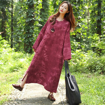 French Cotton Linen Quilting Clothes Fine Autumn Long Sleeve Dyeing Red Dress for
