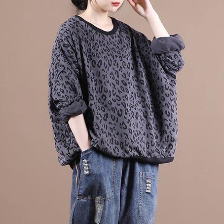 French dark gray Leopard tops women blouses o neck loose blouses