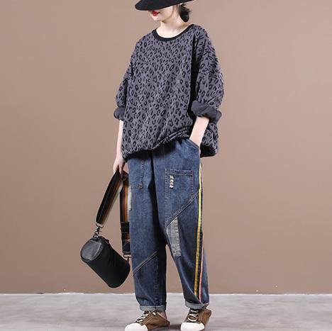 French Dark Gray Leopard Tops Blouses O Neck Loose Blouses