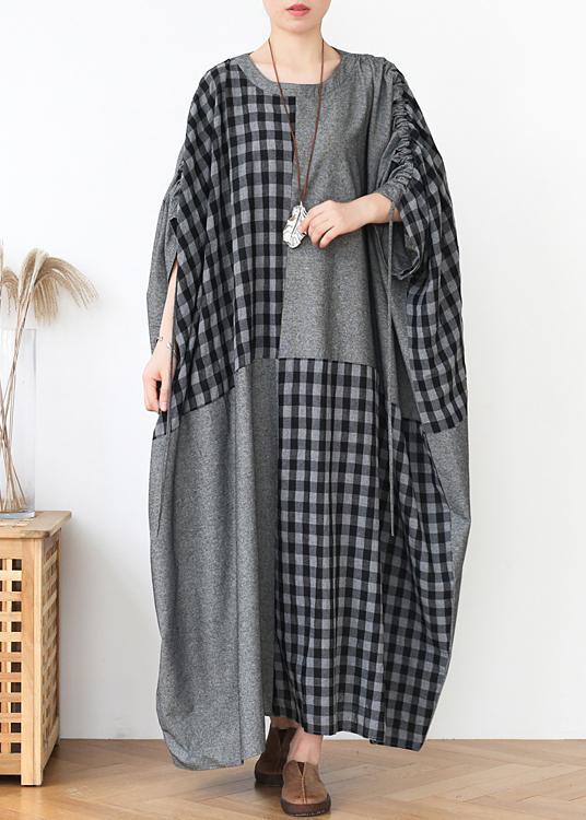 French Dark Gray Plaid Clothes for O Neck Patchwork Long Fall Dress