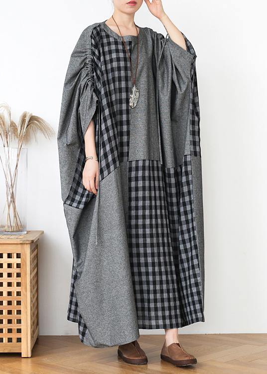 French Dark Gray Plaid Clothes for O Neck Patchwork Long Fall Dress