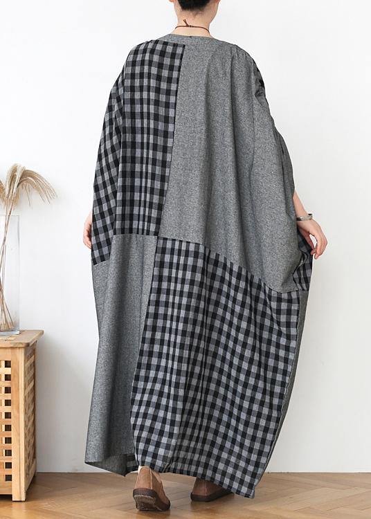French Dark Gray Plaid Clothes for O Neck Patchwork Long Fall Dress