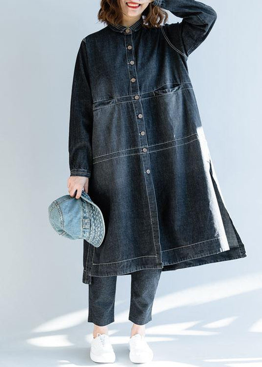 French Denim Black Long Coats Work Outfits Side Open Fall Coats