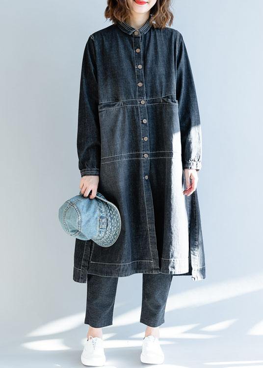French Denim Black Long Coats Work Outfits Side Open Fall Coats