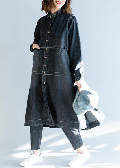 French Denim Black Long Coats Work Outfits Side Open Fall Coats
