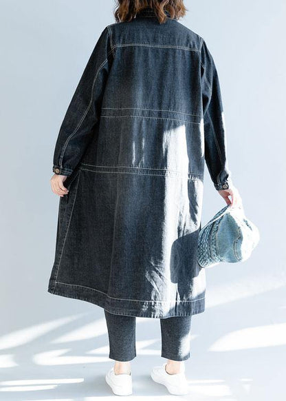 French Denim Black Long Coats Work Outfits Side Open Fall Coats