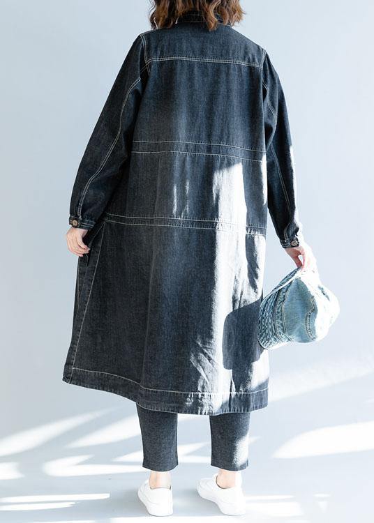 French Denim Black Long Coats Work Outfits Side Open Fall Coats