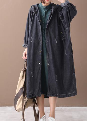 French Denim Black Fine Coat for Woman Shape Hooded Hole Outwears