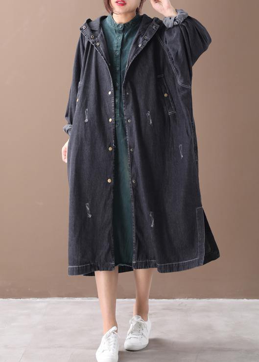 French Denim Black Fine Coat for Woman Shape Hooded Hole Outwears