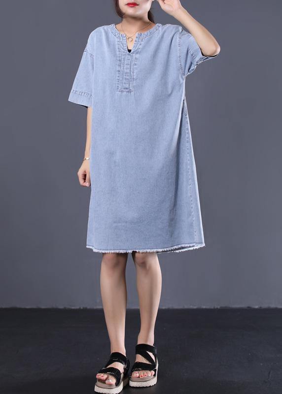 French Denim Blue Cotton Quilting Dresses V Neck Loose Summer Dress