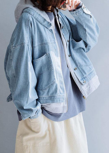 French Denim Blue Coats Work Hooded Fall Short Coat