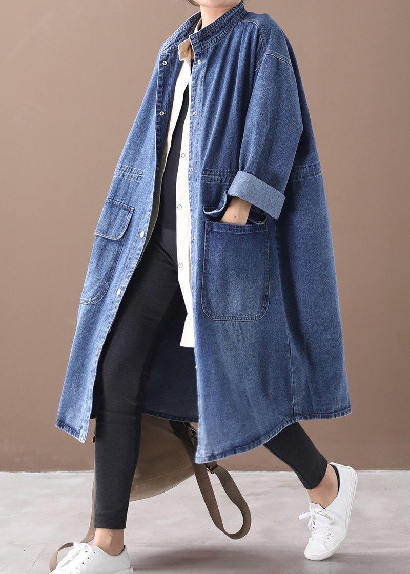 French Denim Blue-snowflake Box Coat Shape Stand Collar Drawstring Coat