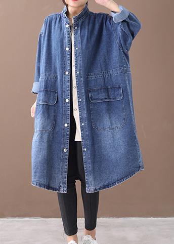 French Denim Blue-love Box Coat Shape Stand Collar Drawstring Coat