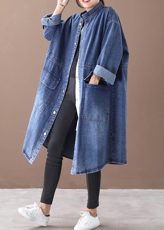 French Denim Blue Box Coat Shape Stand Collar Drawstring Coat