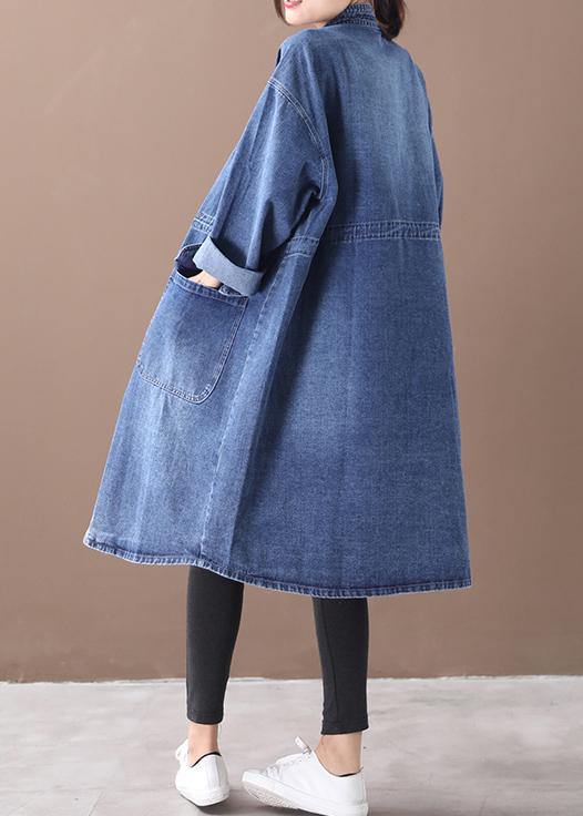 French Denim Blue-love Box Coat Shape Stand Collar Drawstring Coat