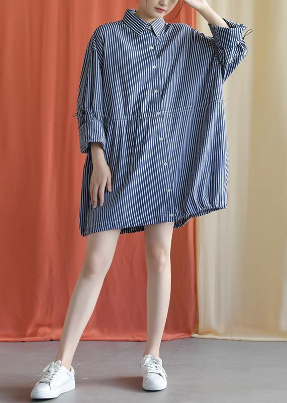 French Drawstring Cotton Dresses Fabrics Dark Blue Shirt Dress Fall