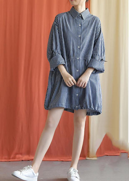French Drawstring Cotton Dresses Fabrics Dark Blue Shirt Dress Fall