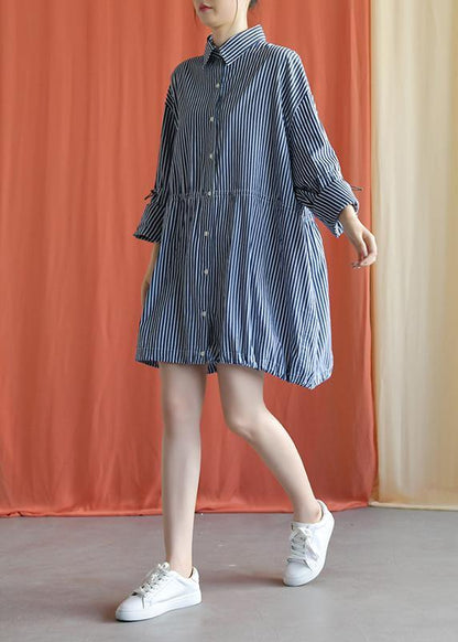 French Drawstring Cotton Dresses Fabrics Dark Blue Shirt Dress Fall