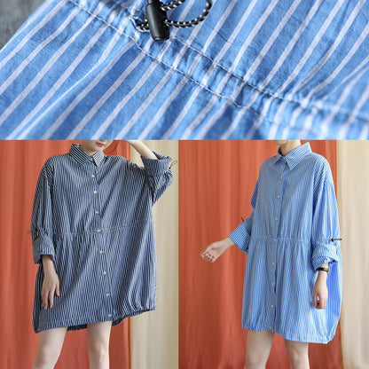 French Drawstring Cotton Dresses Fabrics Dark Blue Shirt Dress Fall