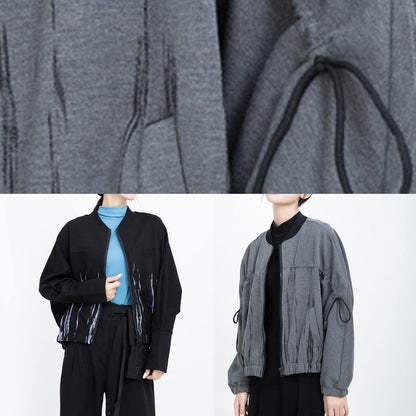 French Elastic Hem Fine Zippered Short Coats Gray Prints Short Outwear