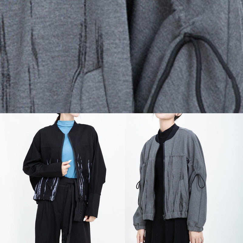 French Elastic Hem Fine Zippered Short Coats Gray Prints Short Outwear